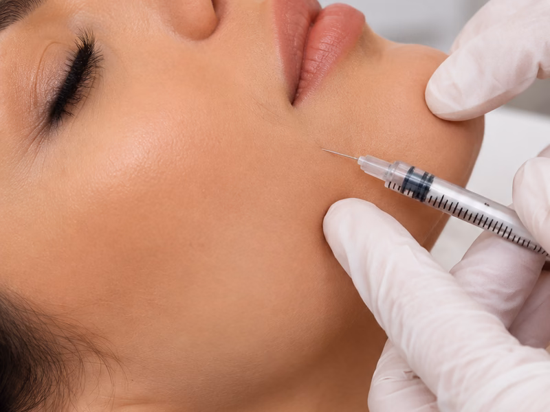 A practitioner performing a nasolabial fold filler treatment